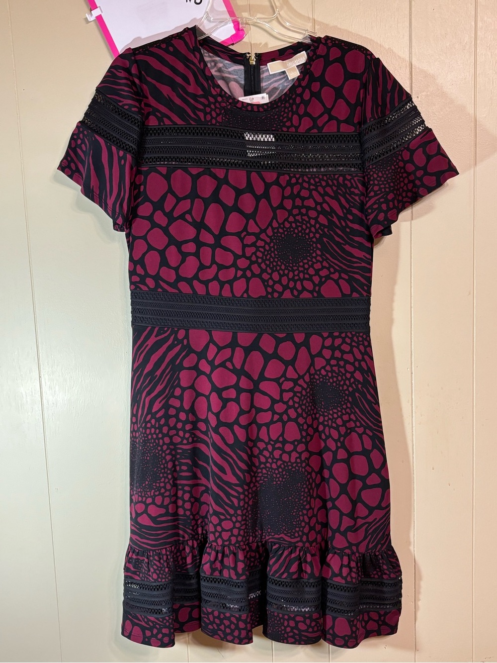 Michael Kors Berry and Black Patterned Flutter Sleeve Dress